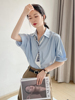蓝色衬衫女夏中袖高级感职业装气质抗皱工装休闲宽松韩版半袖衬衣