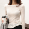 热销 韩国新款 薄款微透 气质奶白色柔软舒适长袖T恤一字领打底衫