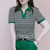 条纹翻领短袖T恤女2022夏季新款时尚韩版V领宽松正肩设计感上衣潮
