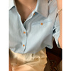 芥末自制蓝色纯棉短袖衬衫女夏季宽松衬衣设计感翻领上衣ins风