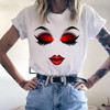 速卖通热销 Cute Eye Lashes Red Lips 印花女士休闲短袖圆领T恤